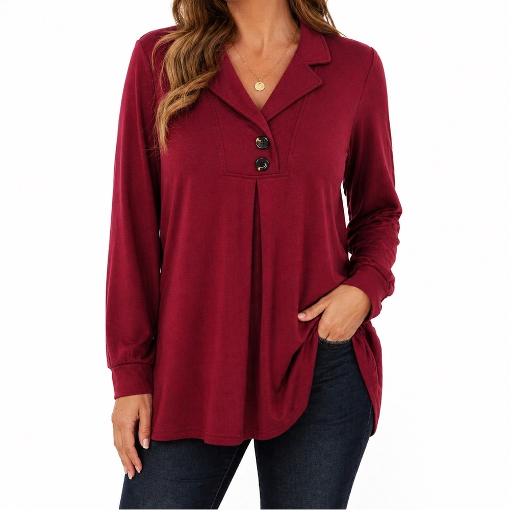 Gaharu Burgundy Tunic Top XL Long Sleeve Collared Button Front Blouse